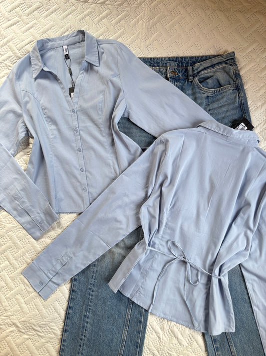 Mia powder blue shirt with back tie