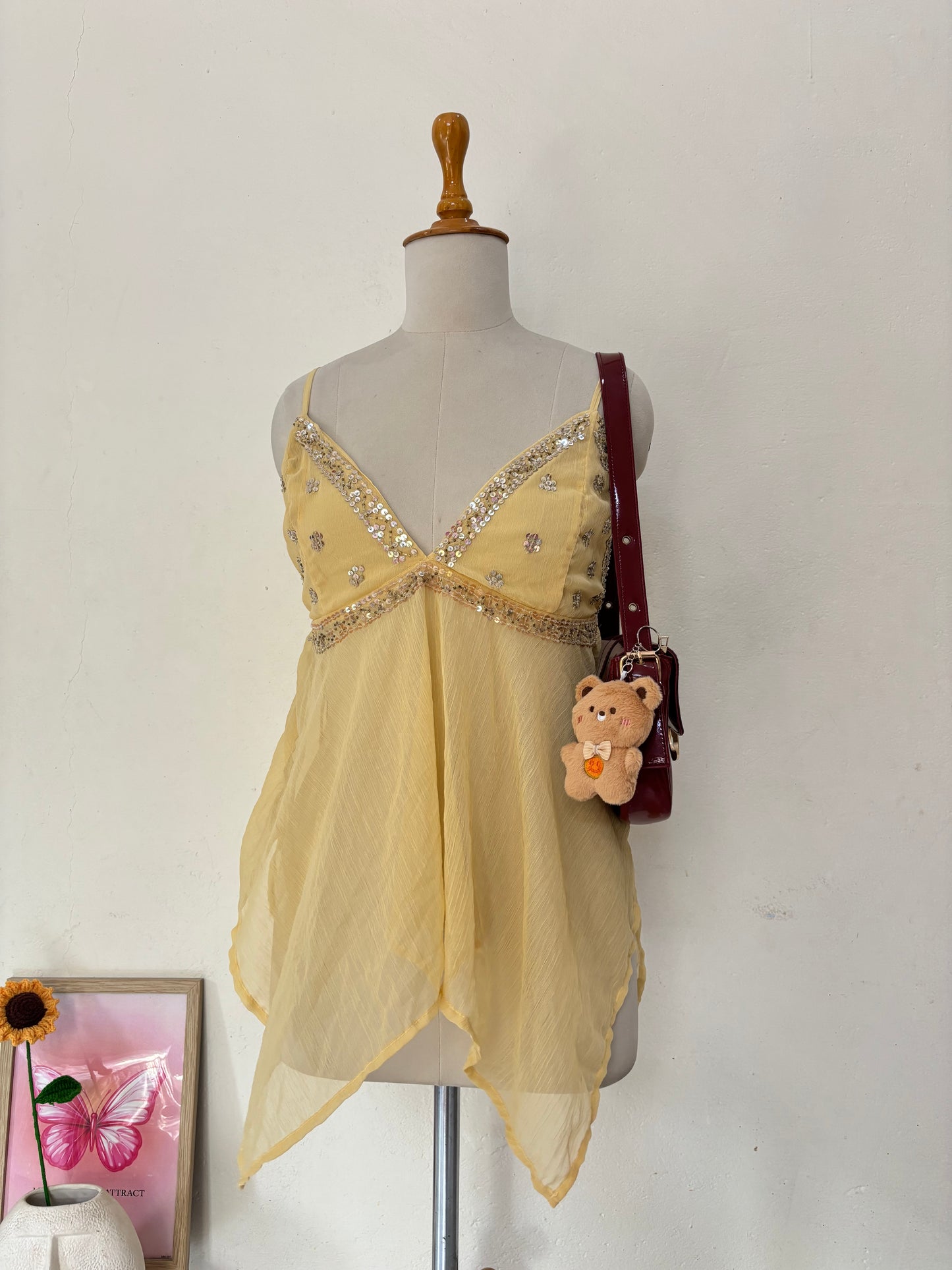 Yellow fairycore embellished flowy top