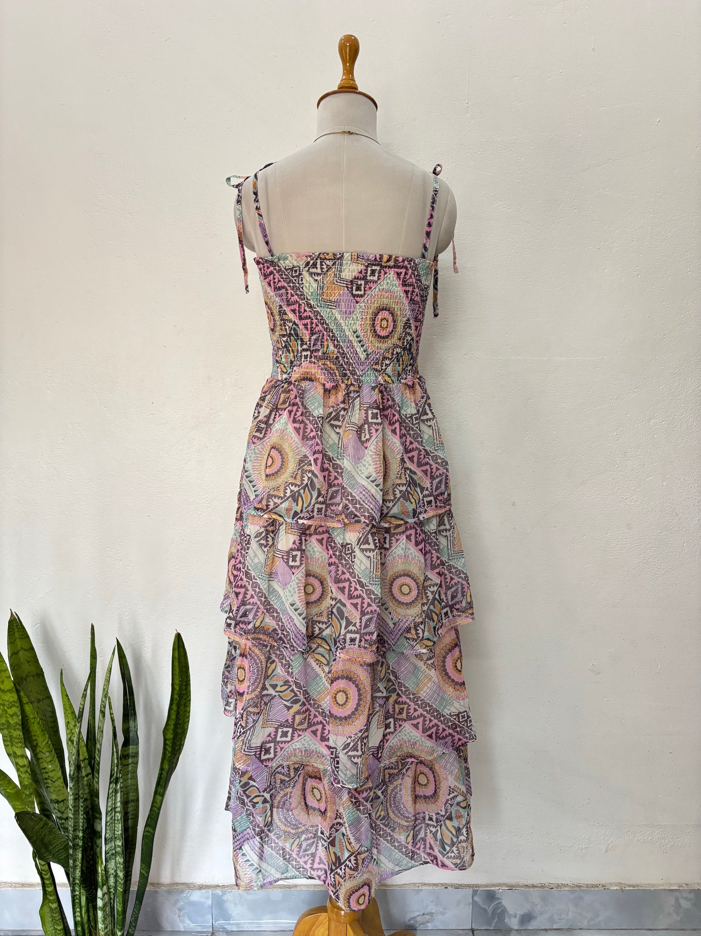 Multicolor tiered smocked dress with tie up straps