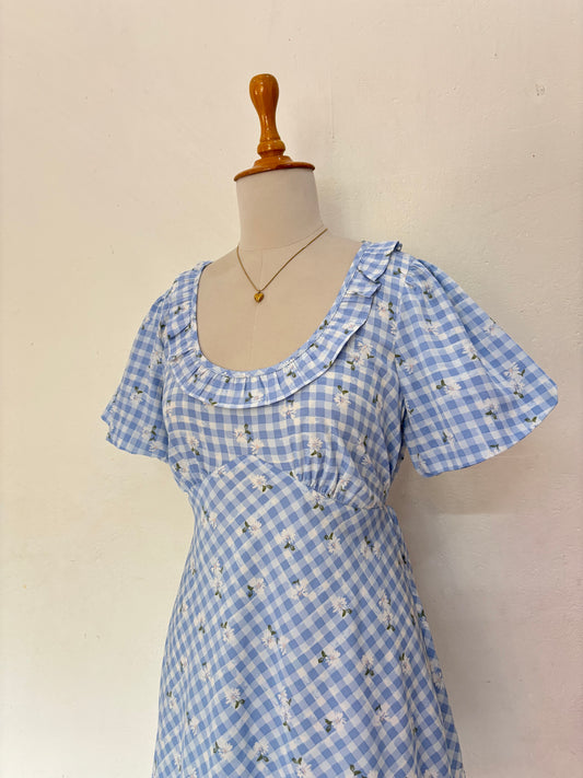 Blue gingham and flowers printed short dress