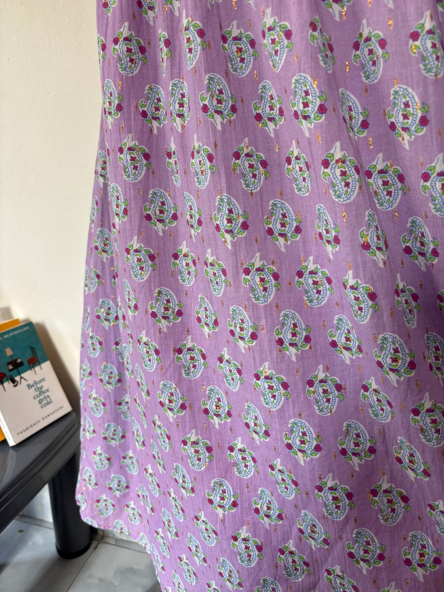 Purple smocked drop waist paisley print maxi dress.