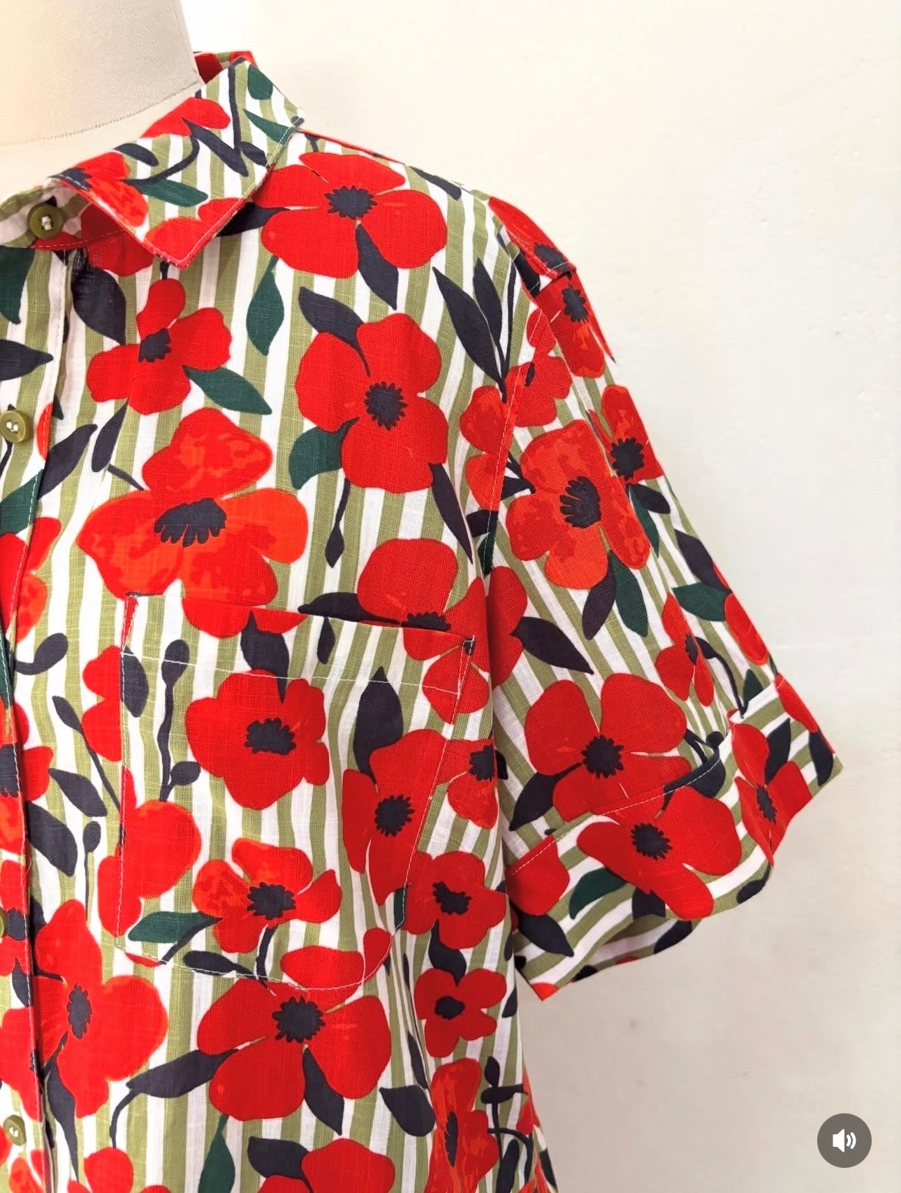 Red floral with green stripe shirt dress
