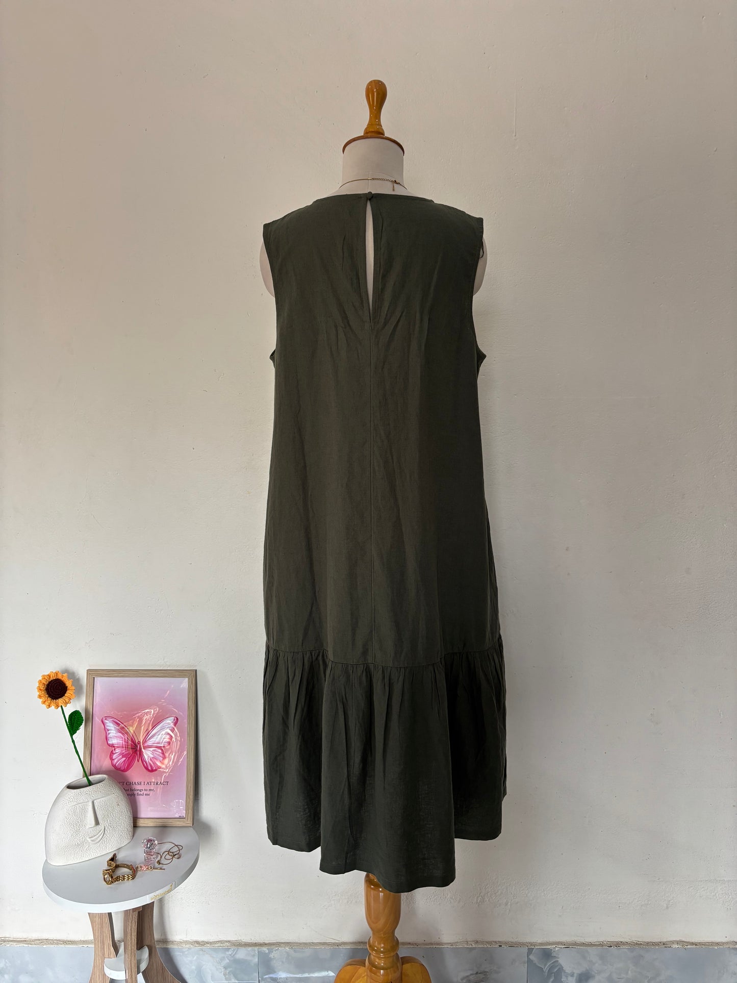 Olive green linen shift dress