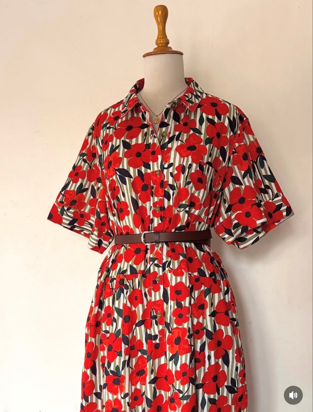 Red floral with green stripe shirt dress