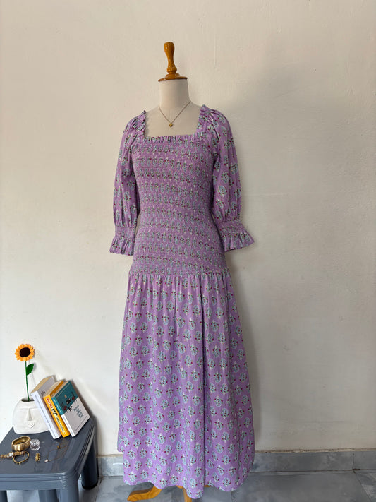 Purple smocked drop waist paisley print maxi dress.