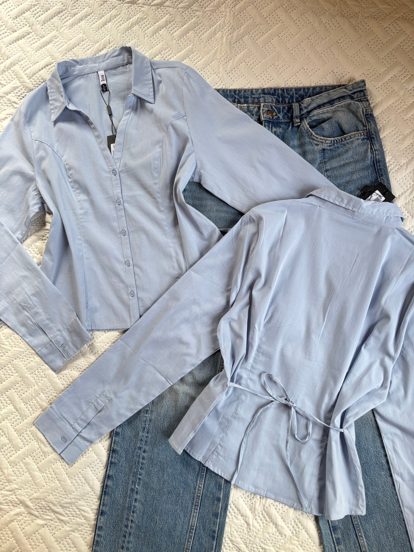 Mia powder blue shirt with back tie