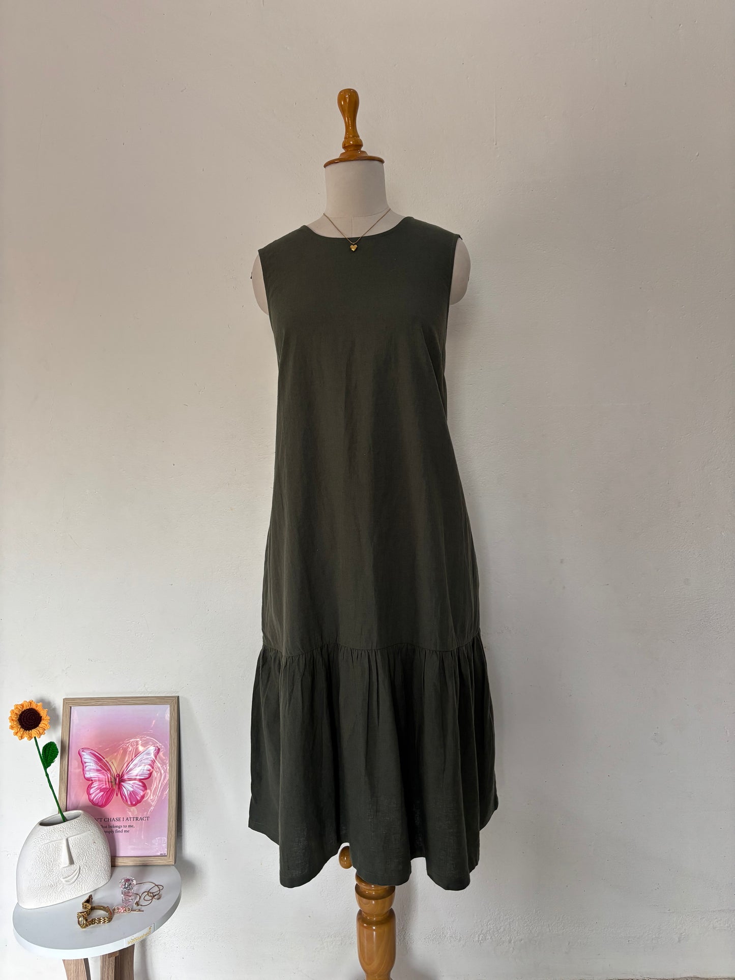 Olive green linen shift dress