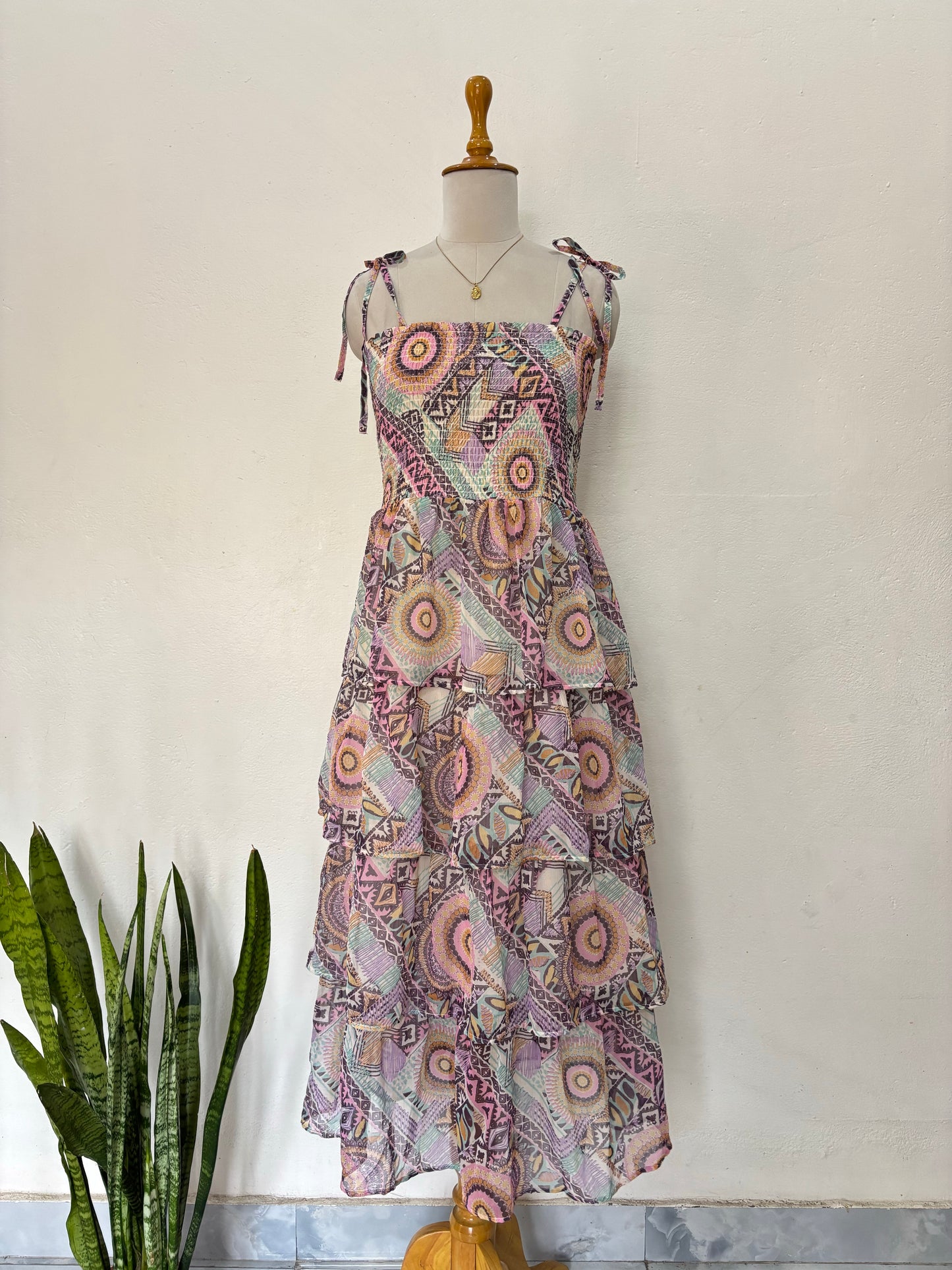 Multicolor tiered smocked dress with tie up straps