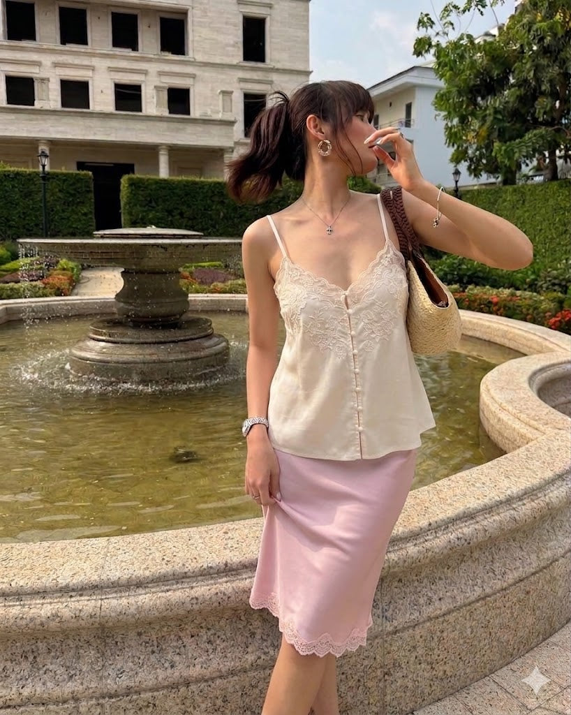 Beige embroidered lacey slip top