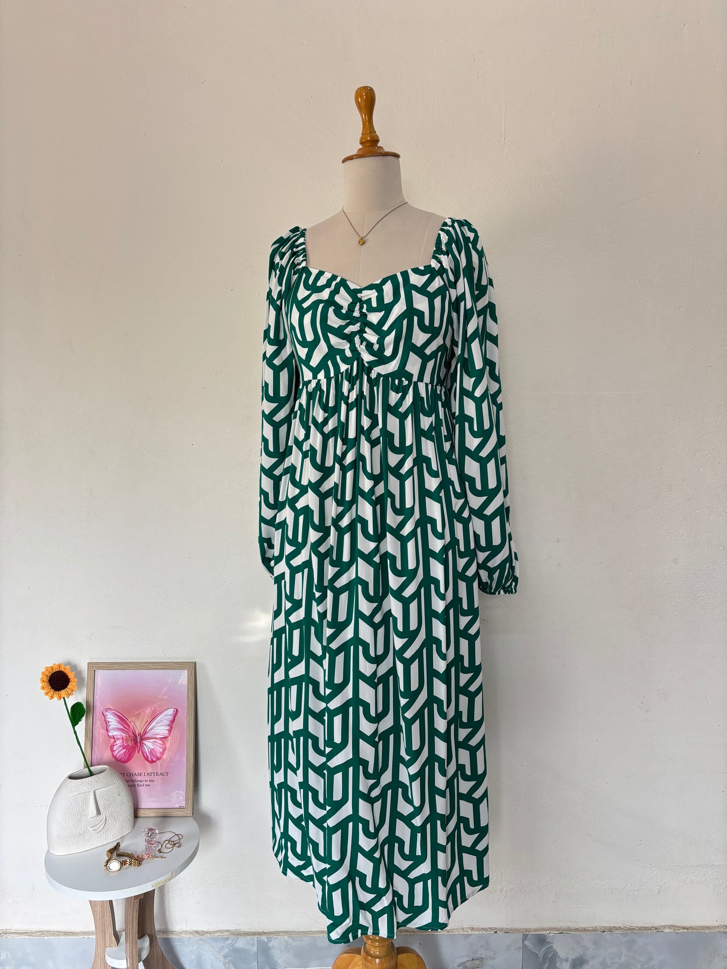 Green abstract print fit & flare dress