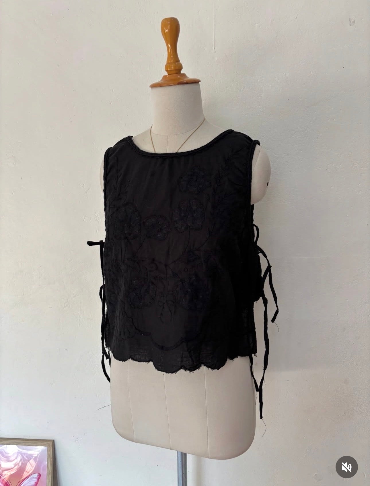 Black embroidered tie up top