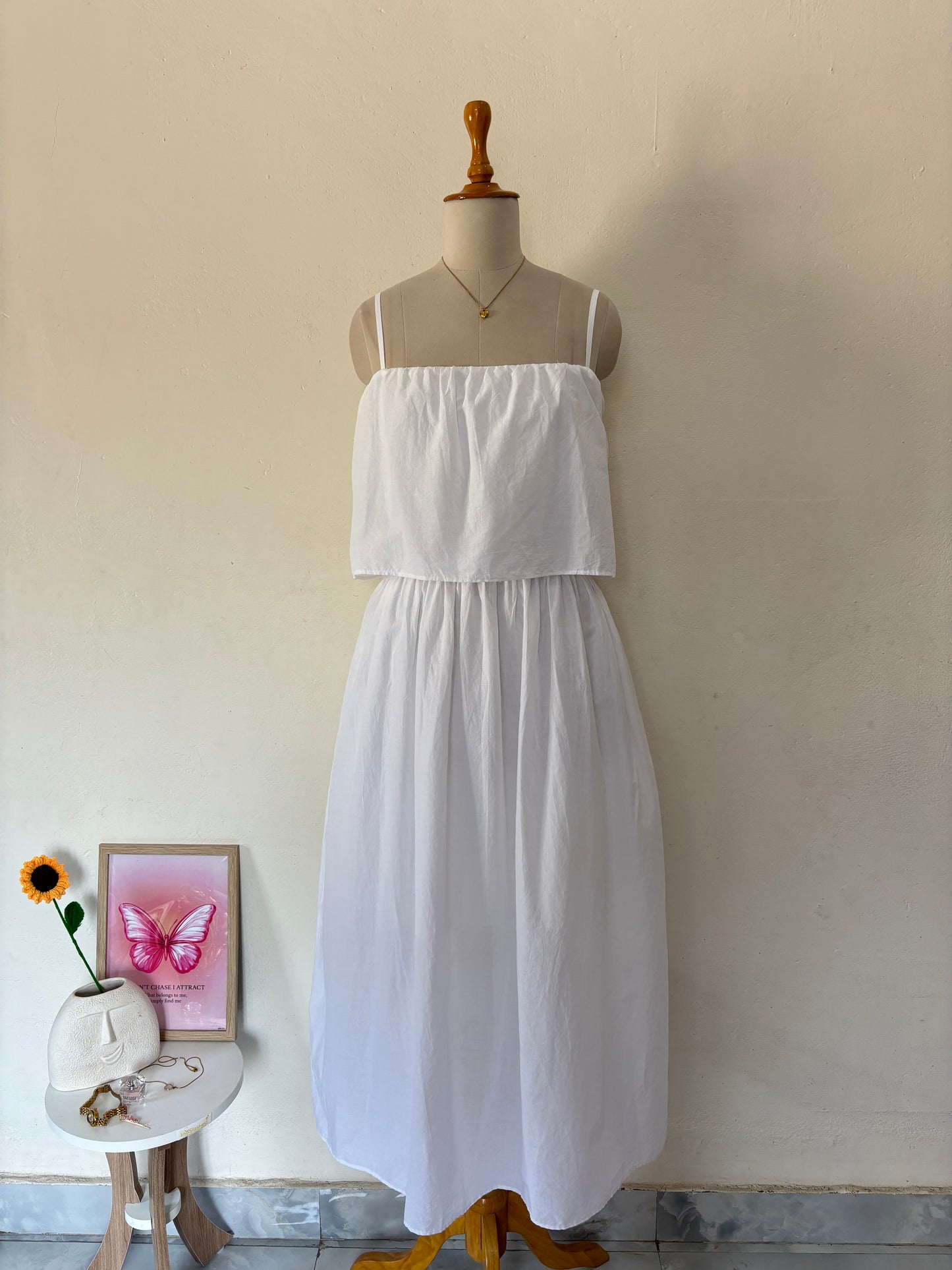 White cotton maxi length dress with adjustable straps