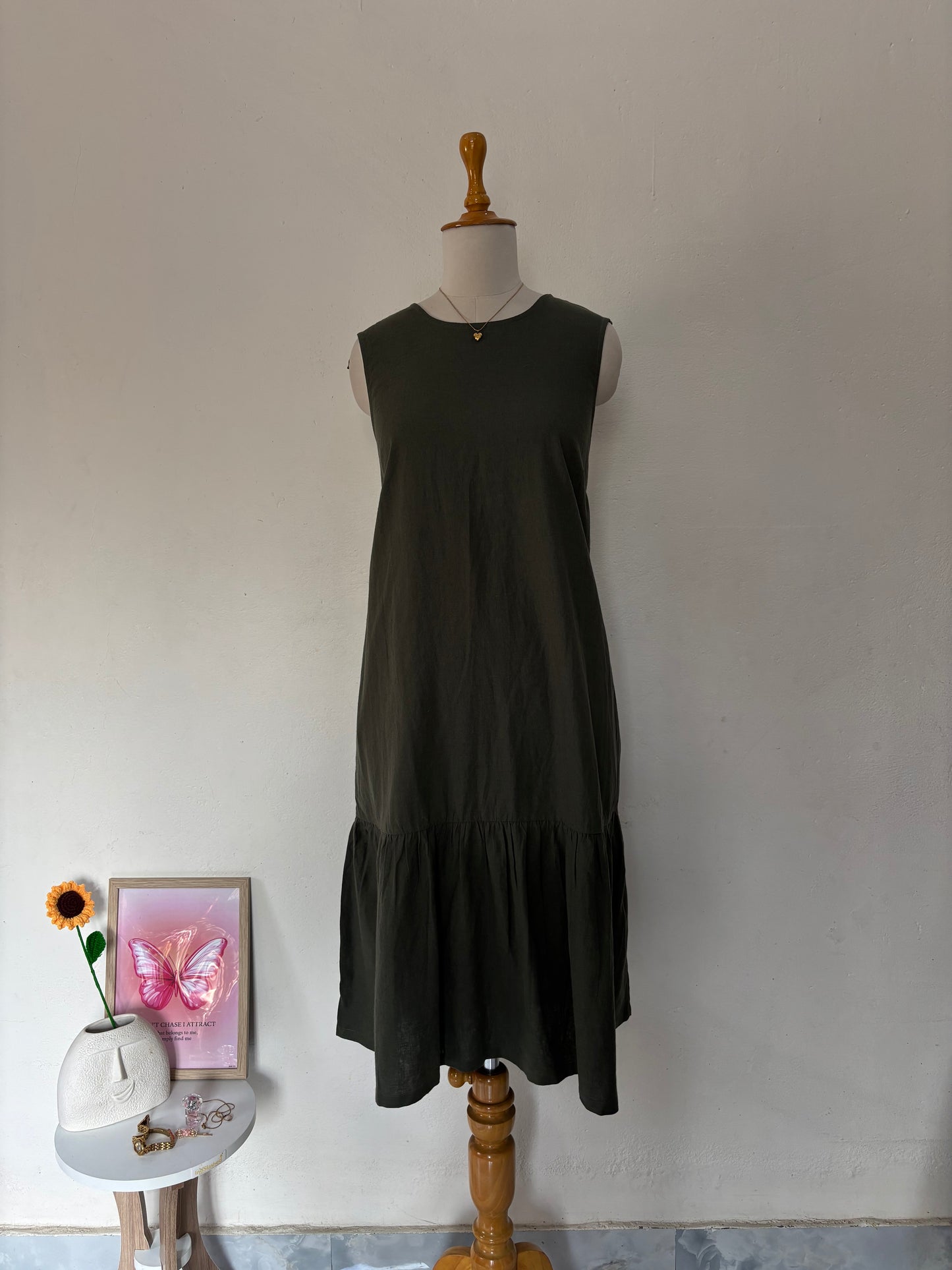 Olive green linen shift dress