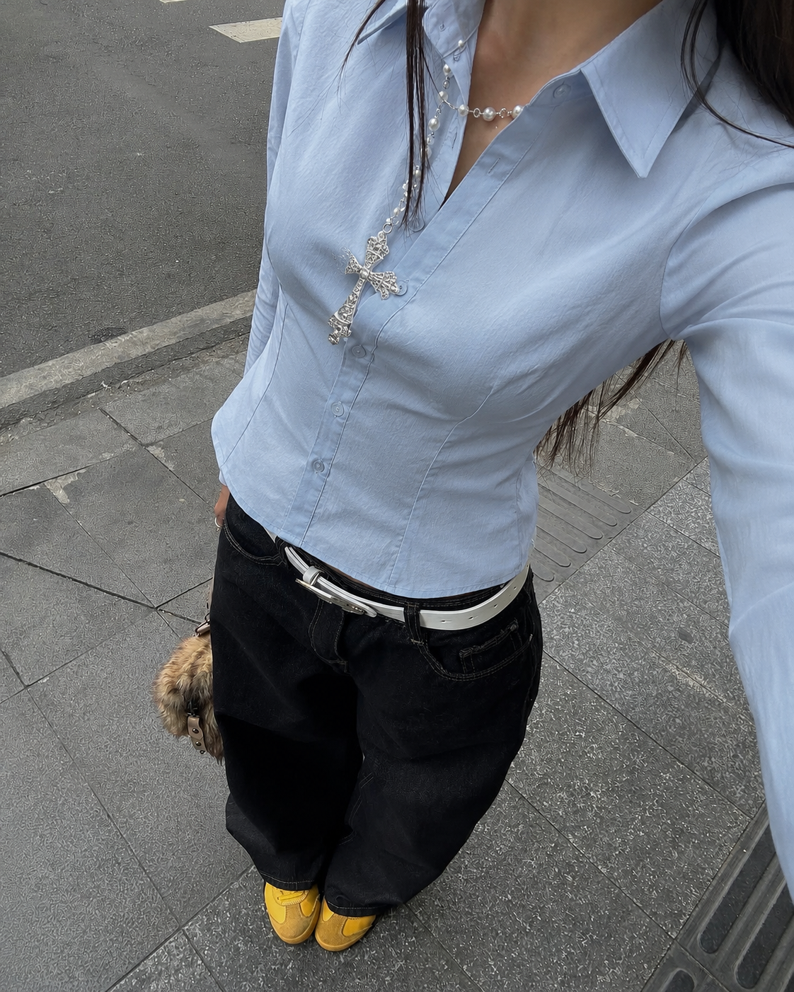 Mia powder blue shirt with back tie