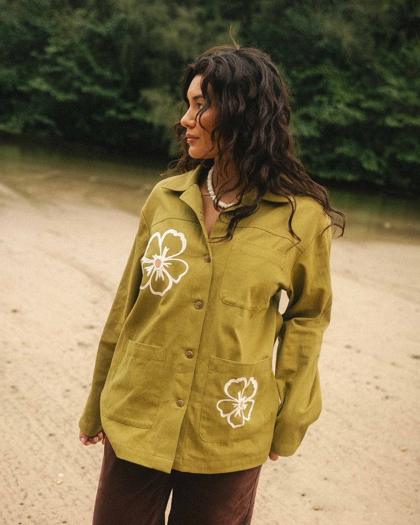 Flower field embroidered shacket