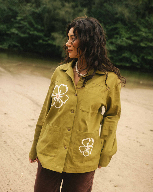 Flower field embroidered shacket
