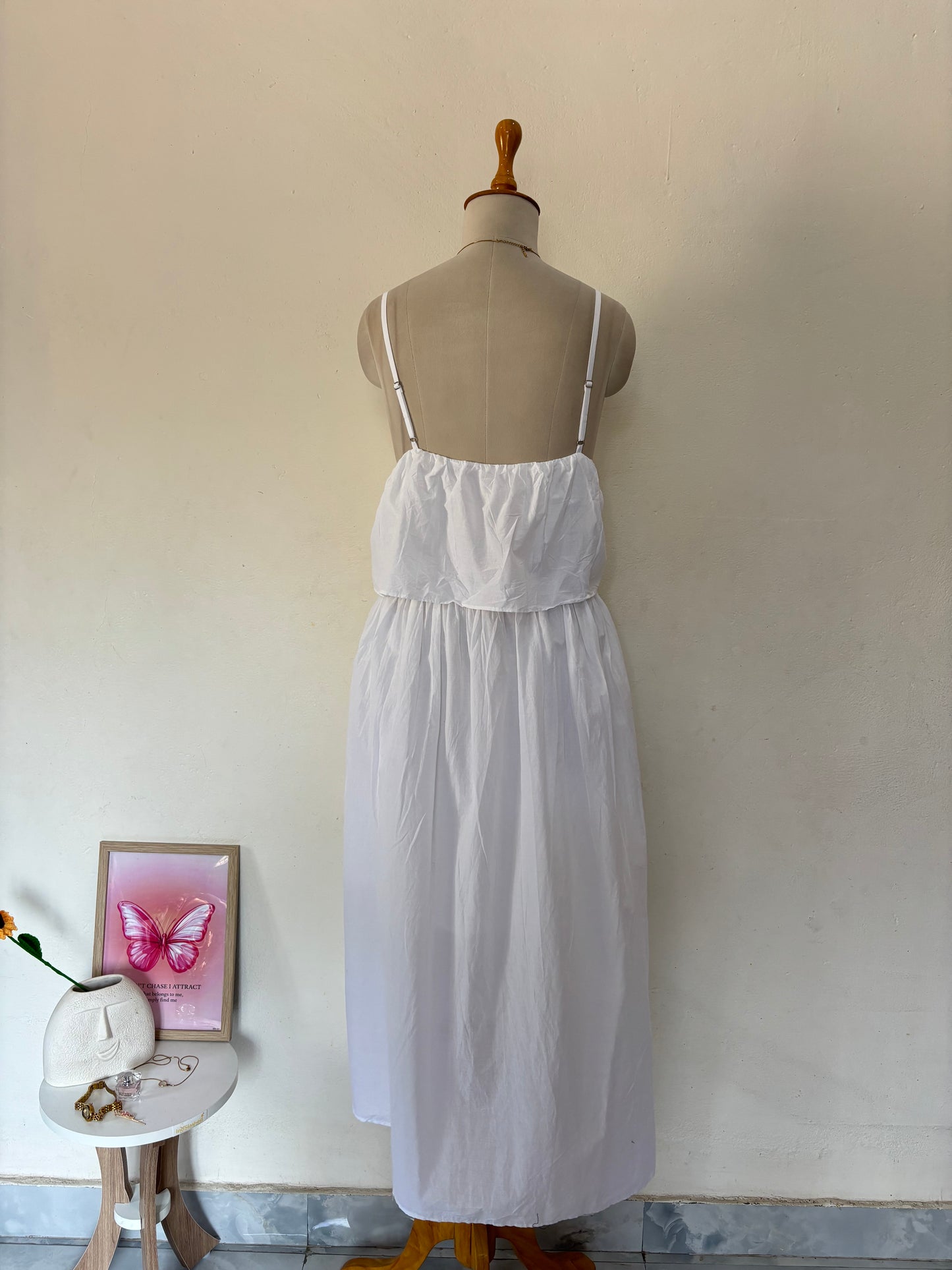 White cotton maxi length dress with adjustable straps