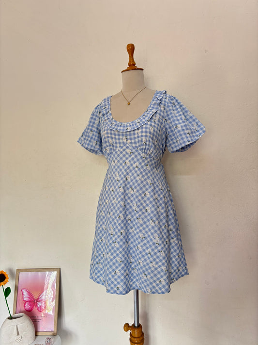 Blue gingham and flowers printed short dress