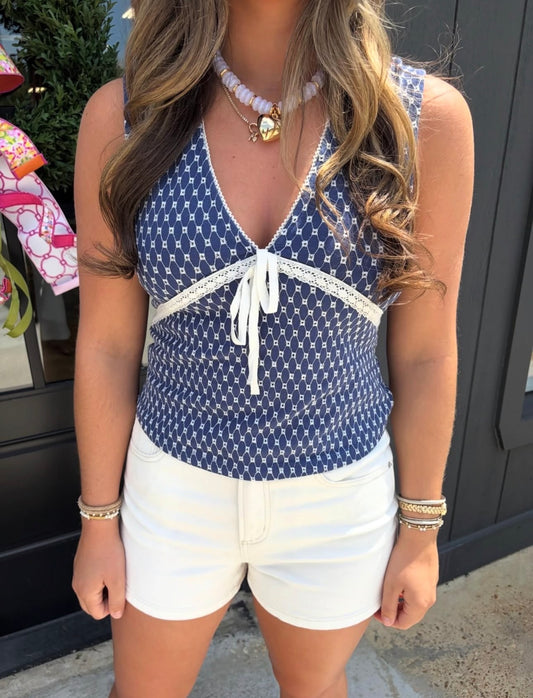 Blue embroidered top with lace work
