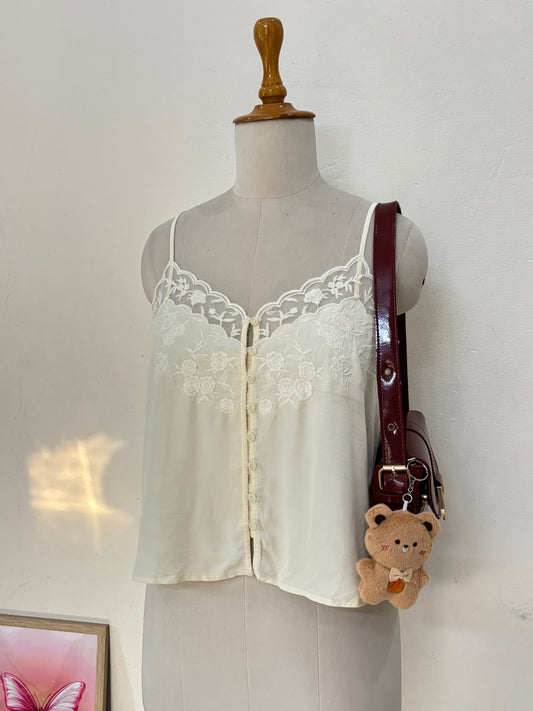 Beige lacey embroidered slip top (transparent buttons)