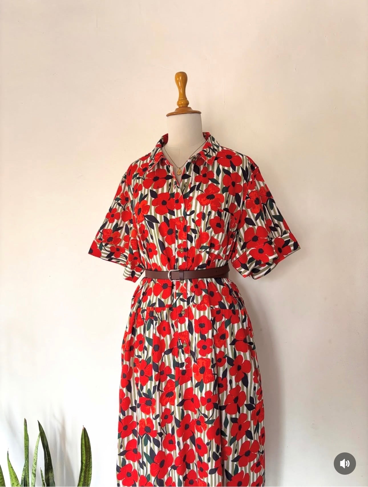 Red floral with green stripe shirt dress