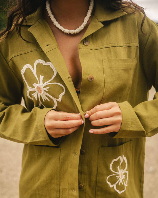 Flower field embroidered shacket
