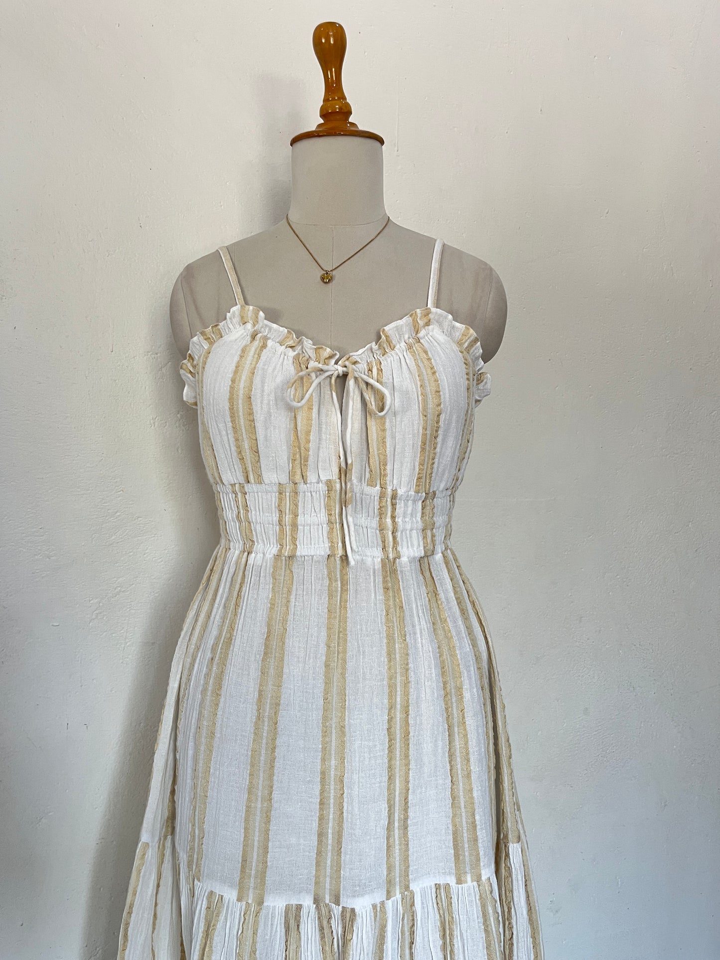 Beige striped mulmul cotton maxi flared dress