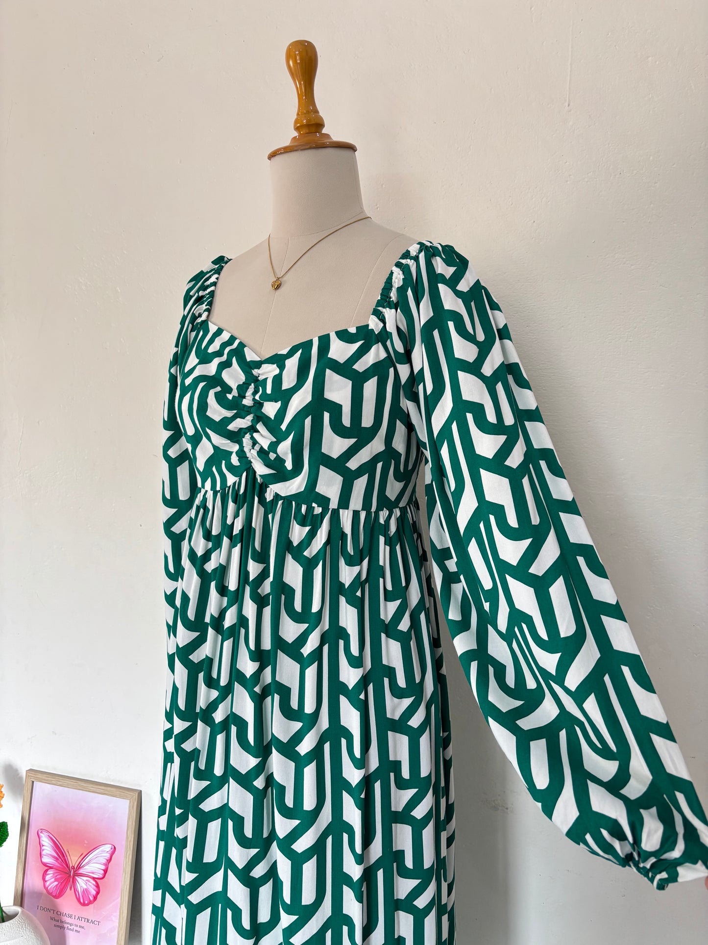 Green abstract print fit & flare dress