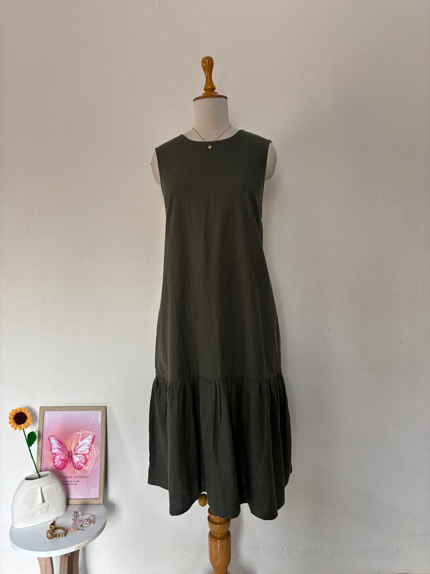 Olive green linen shift dress