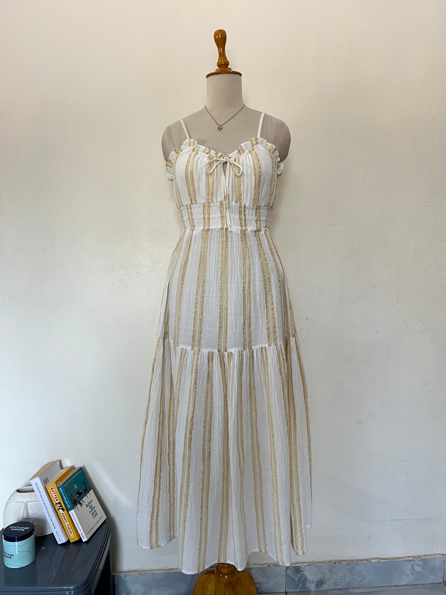 Beige striped mulmul cotton maxi flared dress