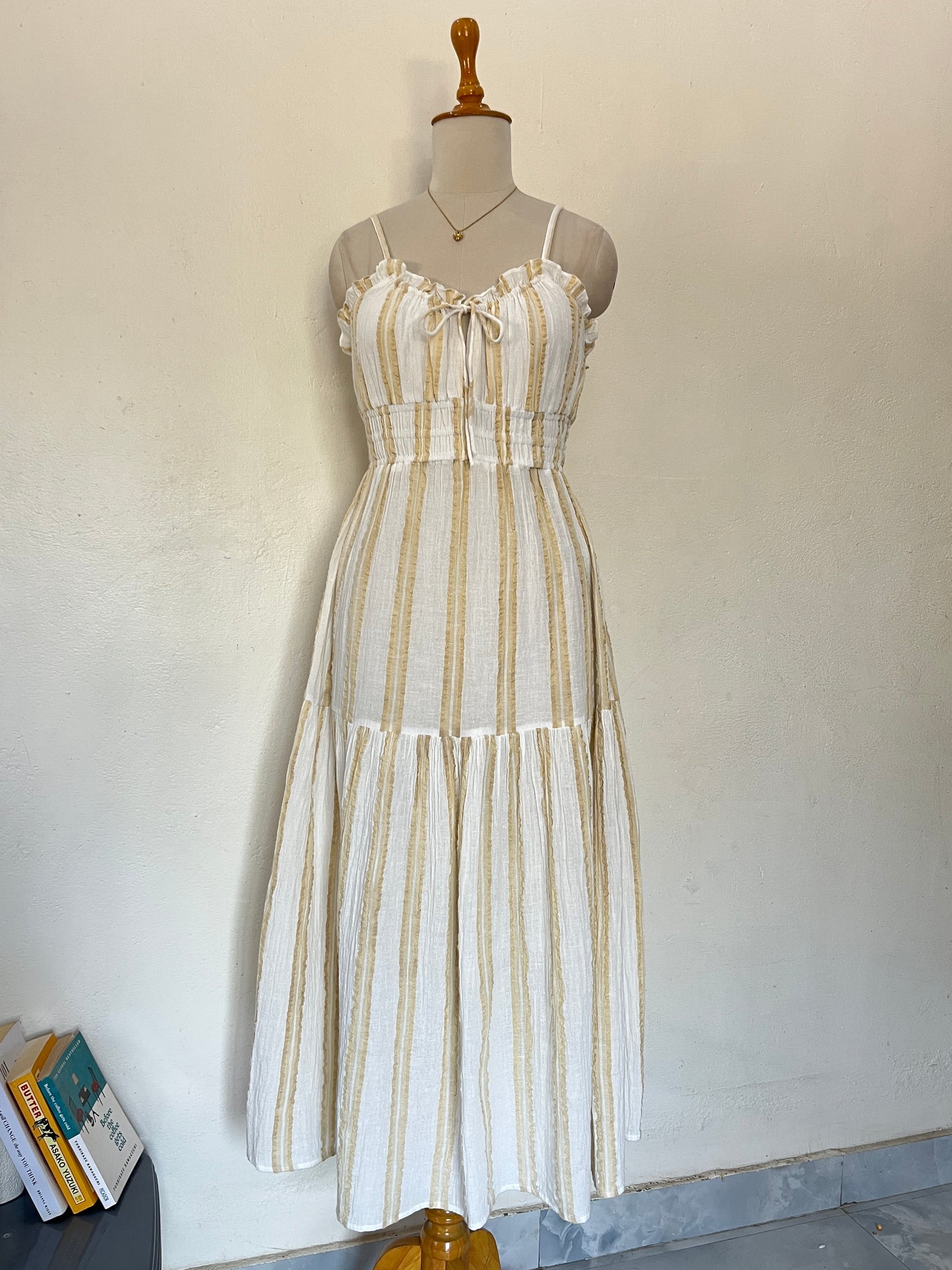 Beige striped mulmul cotton maxi flared dress