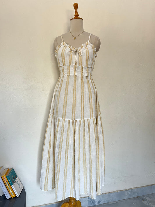 Beige striped mulmul cotton maxi flared dress