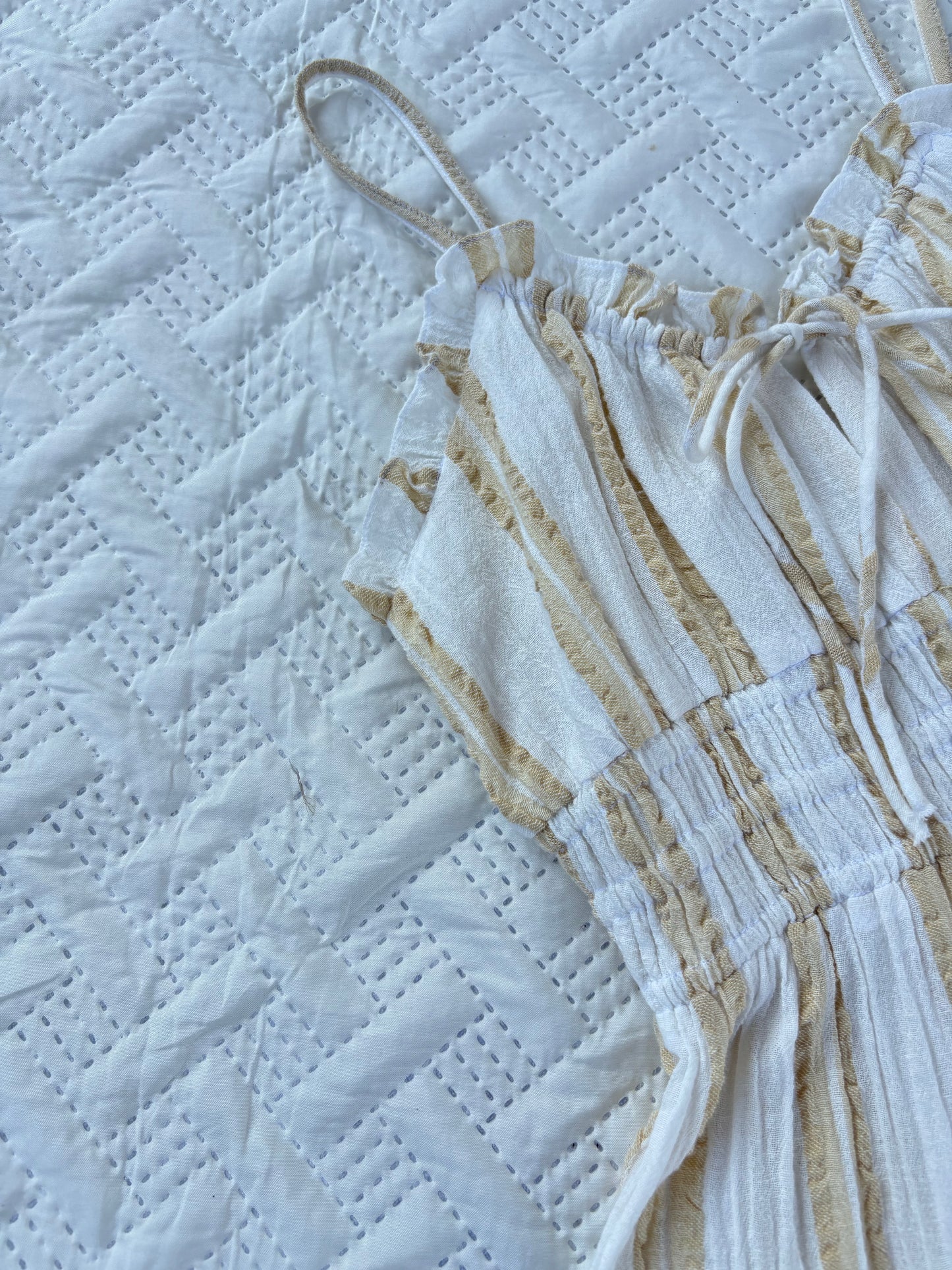 Beige striped mulmul cotton maxi flared dress