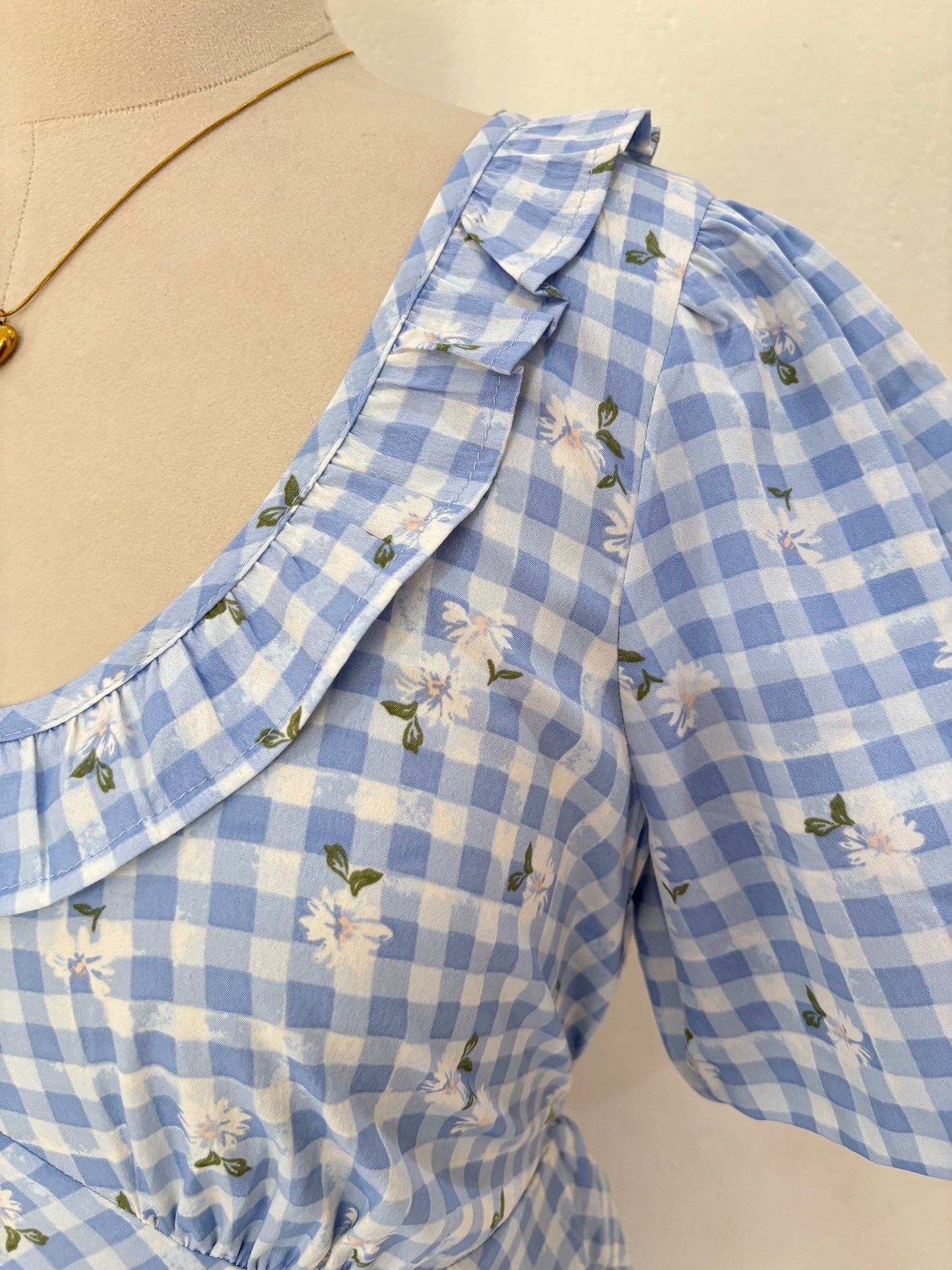Blue gingham and flowers printed short dress