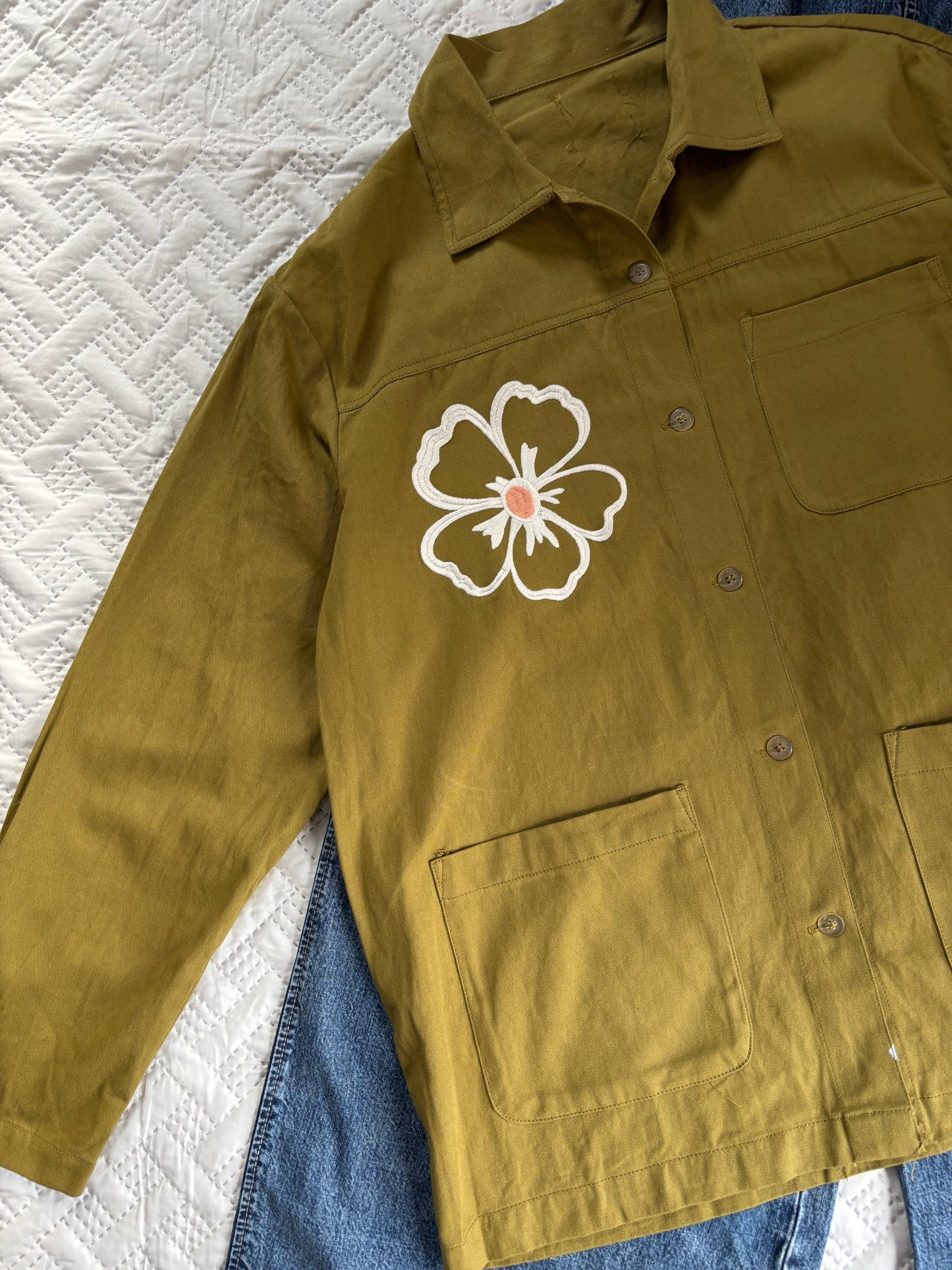 Flower field embroidered shacket