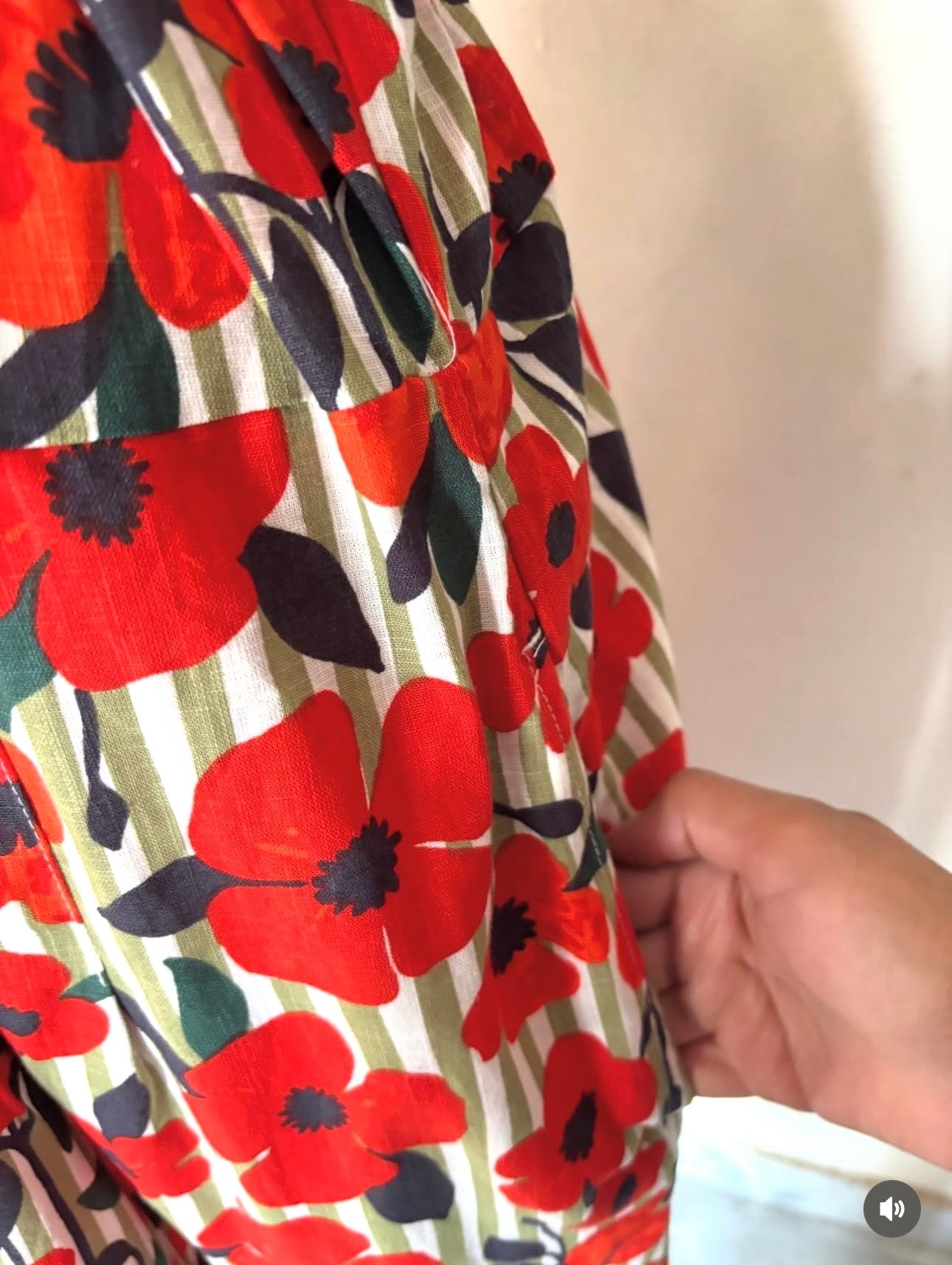 Red floral with green stripe shirt dress