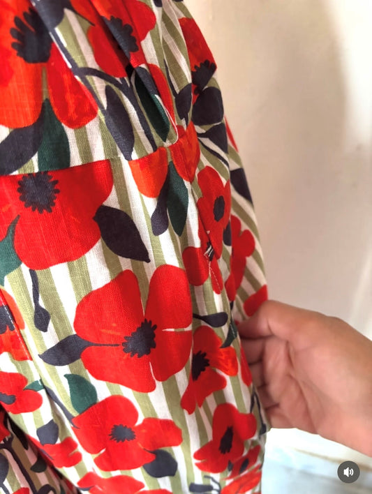 Red floral with green stripe shirt dress