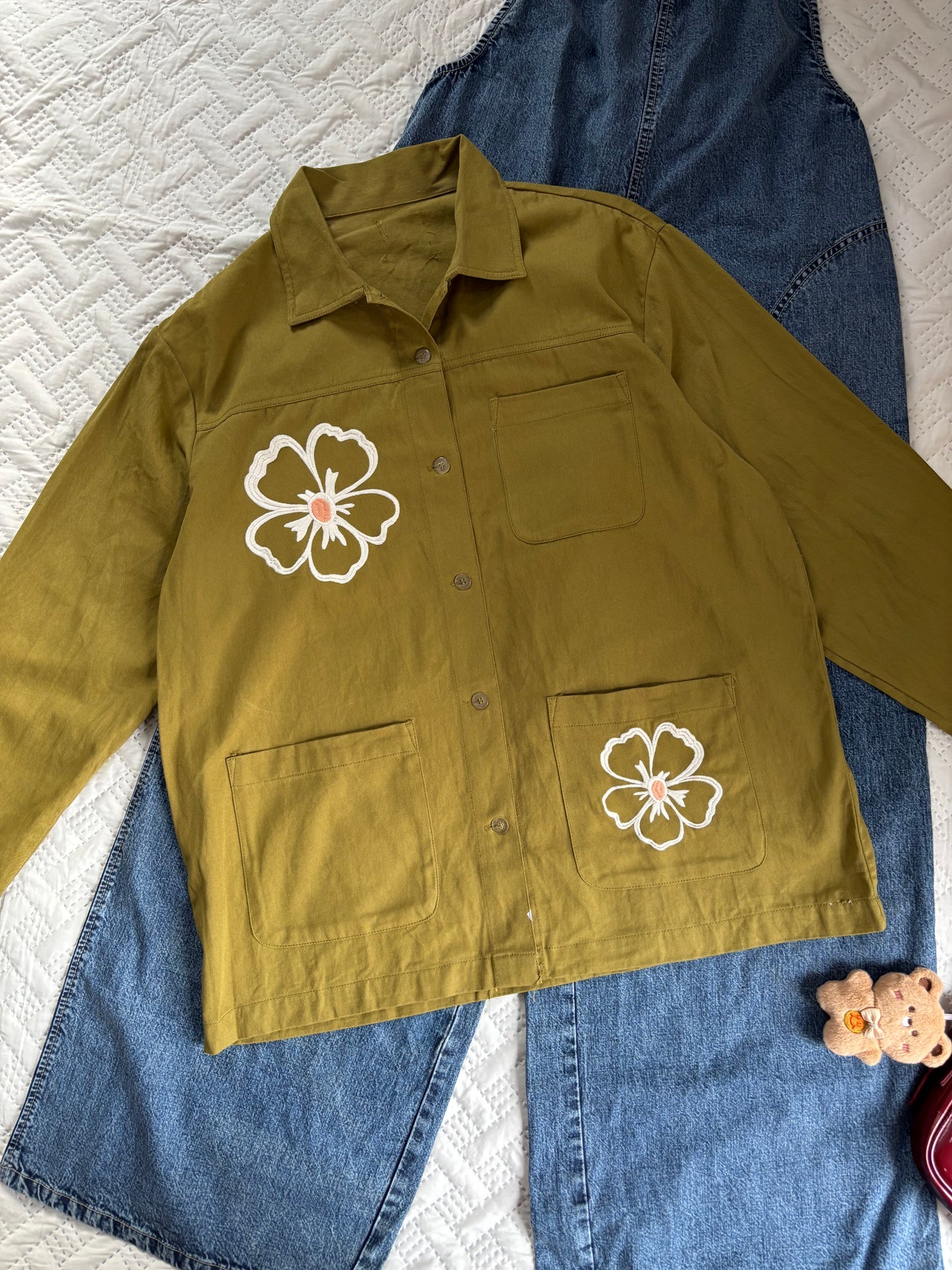 Flower field embroidered shacket