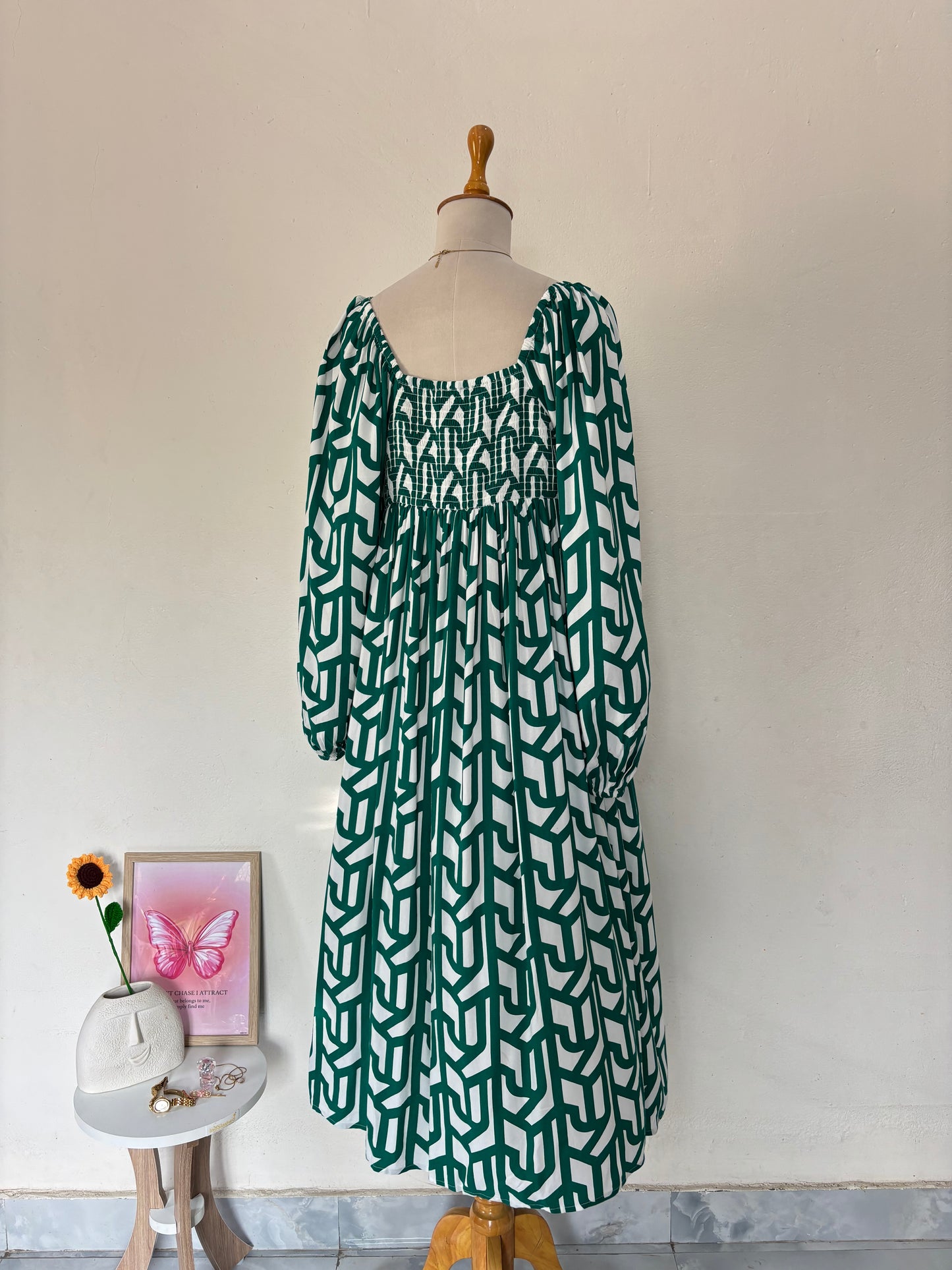 Green abstract print fit & flare dress