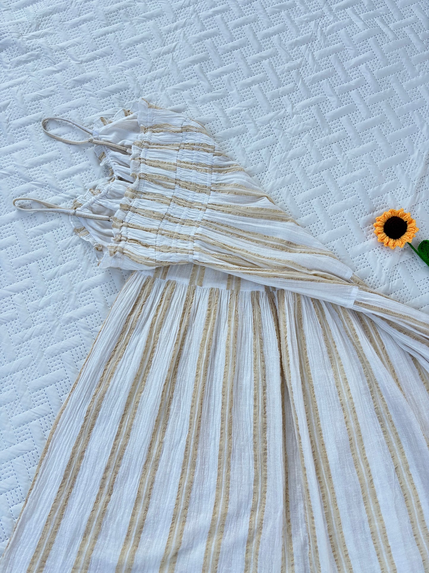 Beige striped mulmul cotton maxi flared dress