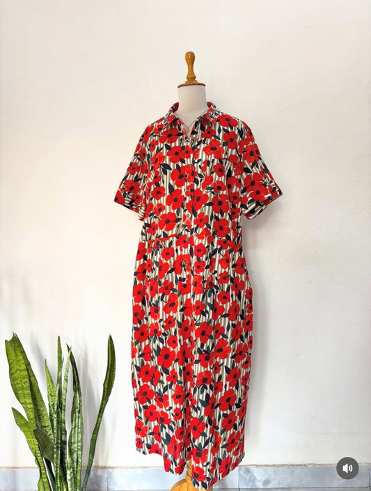 Red floral with green stripe shirt dress