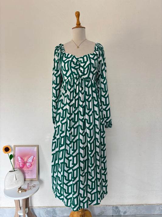 Green abstract print fit & flare dress