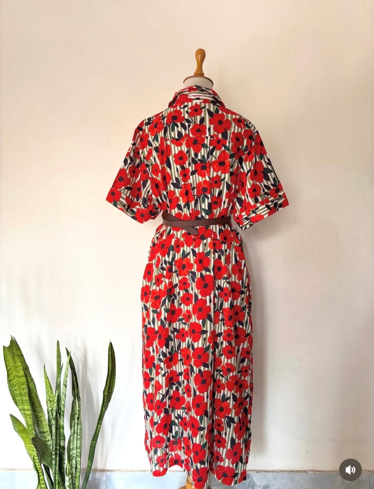 Red floral with green stripe shirt dress