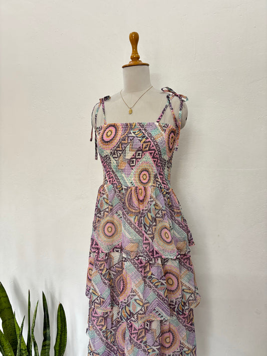 Multicolor tiered smocked dress with tie up straps