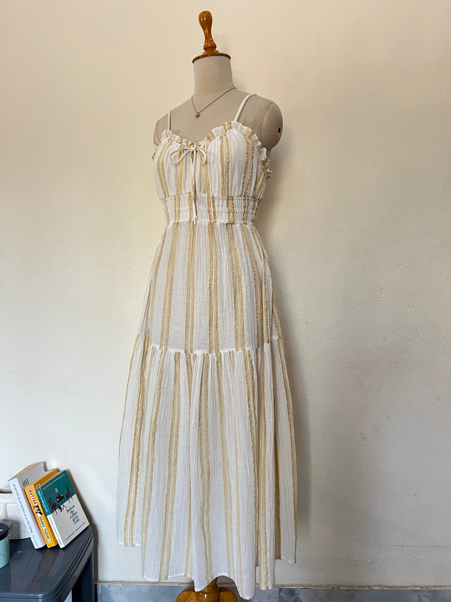 Beige striped mulmul cotton maxi flared dress