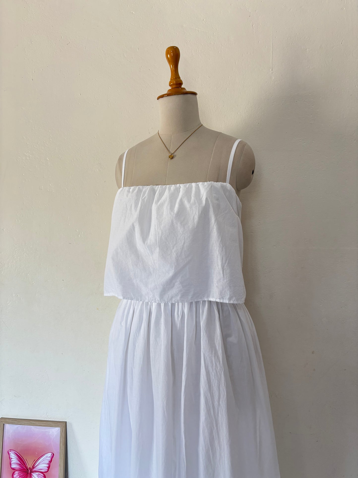 White cotton maxi length dress with adjustable straps