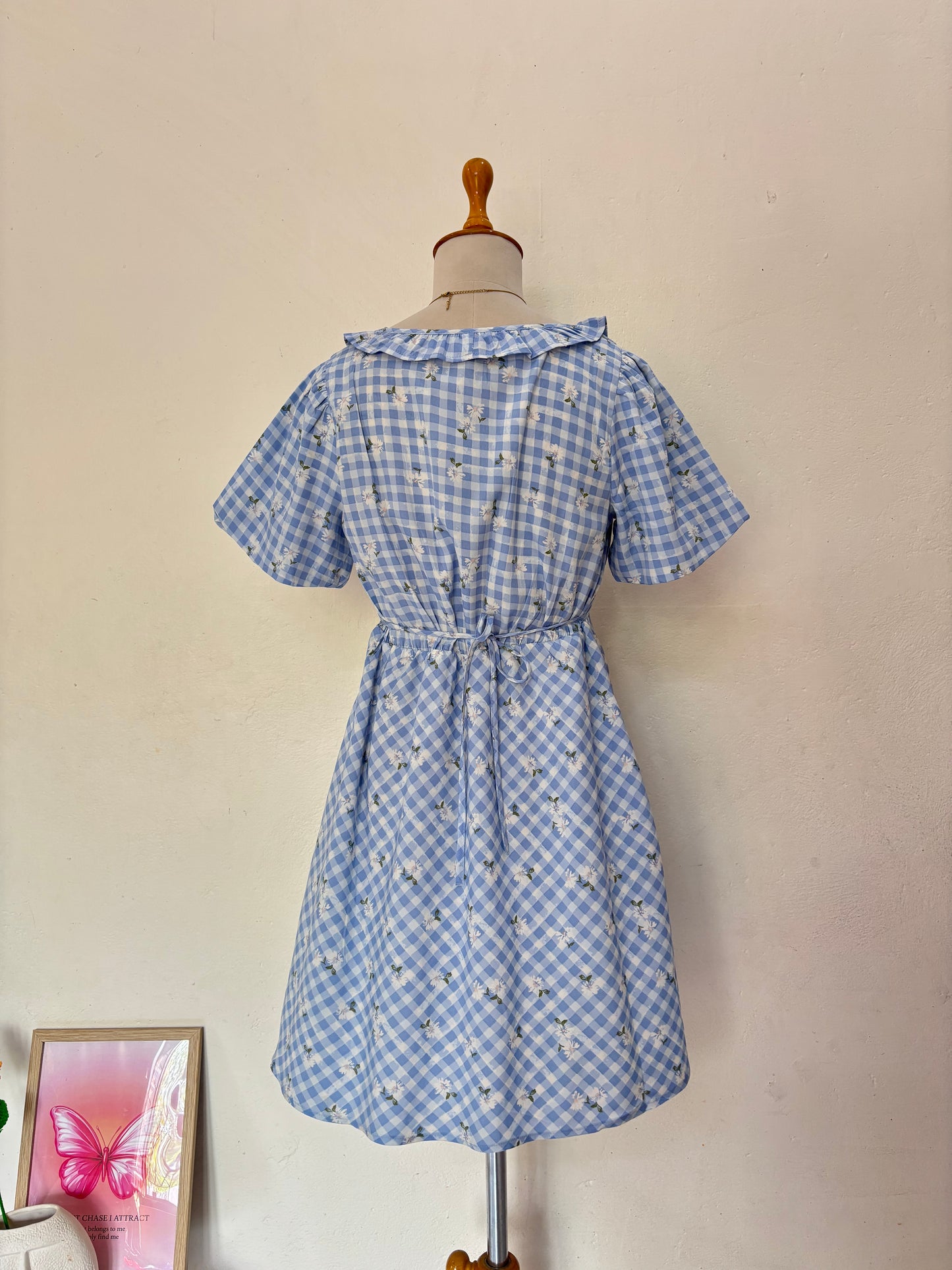 Blue gingham and flowers printed short dress