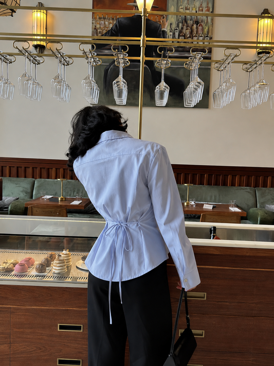 Mia powder blue shirt with back tie
